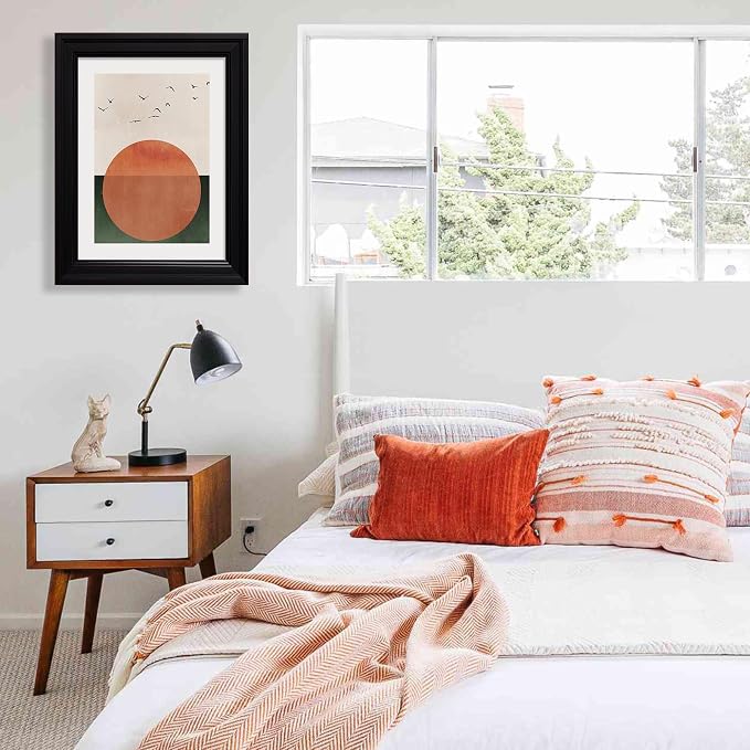 Vintage Framed Japanese Minimalist Sunset With Bird Wall Art Nature Geometric Abstract Poster Modern Mid Century Eclectic Canvas Prints for Living Room Gallery Home Decor 08x10 inch