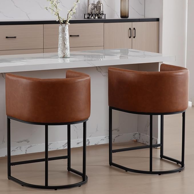 PU Leather Bar Stools Set of 3, Modern Upholstered Counter Height Bar stools 24" Leather Barstools Barrel Kitchen Counter Island Stools with Black Metal Base, Brown