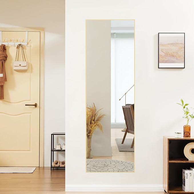 OLIXIS Full Length Mirror 59"x16.3" for Bedroom, Full Body Mirror with Stand, Hanging or Leaning for Wall, Aluminum Alloy Thin Frame Floor Standing for Living Room, Long, Gold
