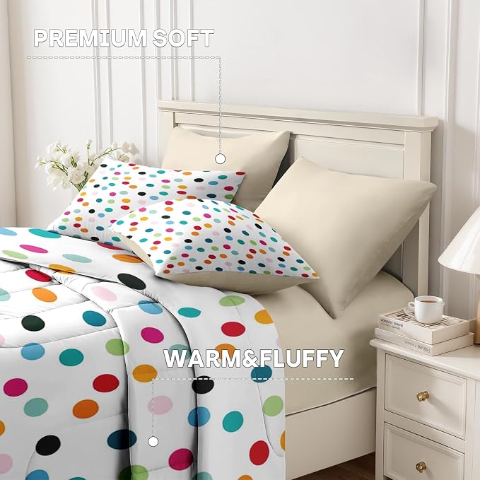 7Pcs Comforter Set King Size, Fun Colorful Polka Dots, Bedding Decor White Cute Girly Colored Circles Bedroom Bed Set Flat Sheet Fitted Sheet Pillowcases Shams for Kids Adults