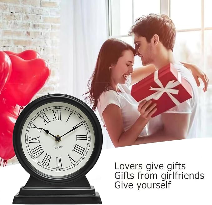 EMAX HOME Black Mantel Clock - Classy Vintage Style Table Clock for Living Room Décor,Silent Non-Ticking Mantel Clocks for Living Room