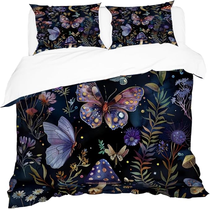 3PCS Celestial Witch Garden Duvet Cover King Size Dark Floral Butterfly Comforter Covers,Boho Aesthetic Celestial Witchy Mystic Gothic Wildflower Plant Botanical Black Bedding Sets 104"x88"