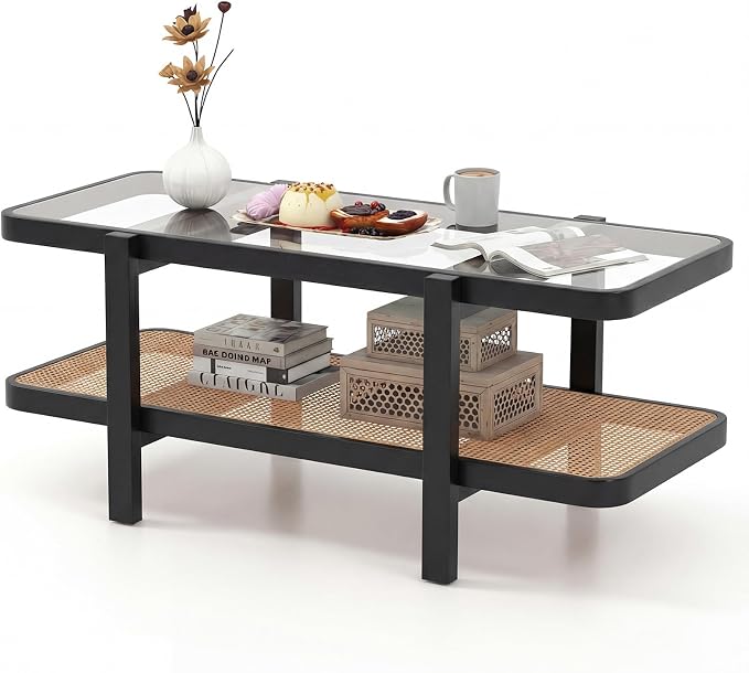 Giantex Rattan Coffee Table, 47.5" Rectangle Solid Wood Tea Table w/Tempered Glass Tabletop, Rattan Storage Shelf, 2-Tier Boho Coffee Tables, Farmhouse Center Table for Living Room (Black)