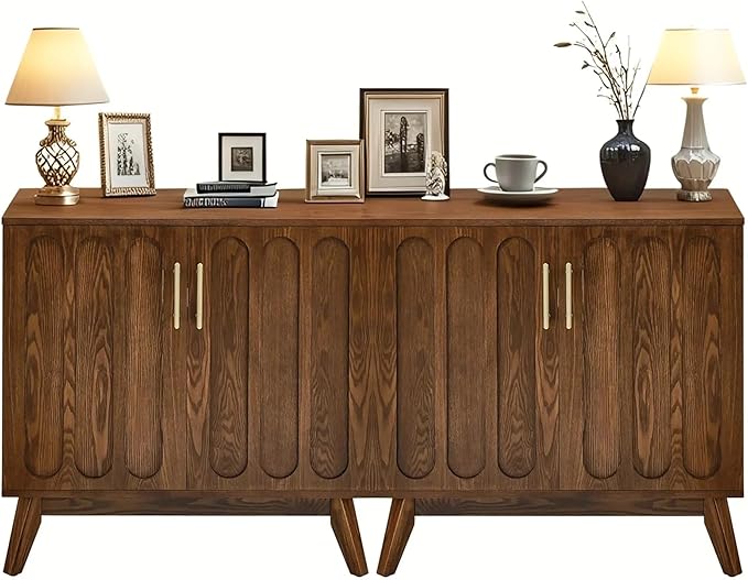 LKTART Sideboard Buffet,Mid Century Modern Storage Cabinet with Doors and Shelves, Boho Style Wooden Buffet Cabinet for Living Room,Walnut