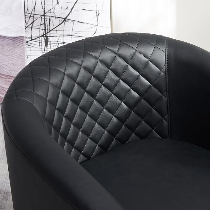 KINWELL 29" Wide Tufted Faux Leather Swivel Barrel Chair, PU Leather Modern Upholstered Accent Chairs with Nailhead Trim, Small Armchair for Living Room Bedroom, Black