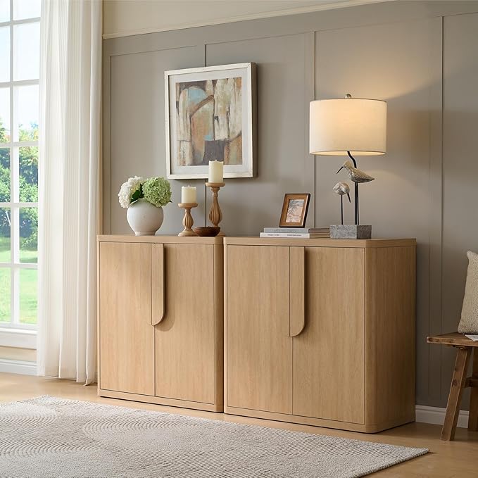69'' Sideboard Buffet Cabinet W/Storage, Modern Accent Cabinets W/Curved Handles & Adjustable Shelves, 4 Doors Coffee Bar Buffet Table Credenza for Living Room Kitchen Hallway, Natural Oak
