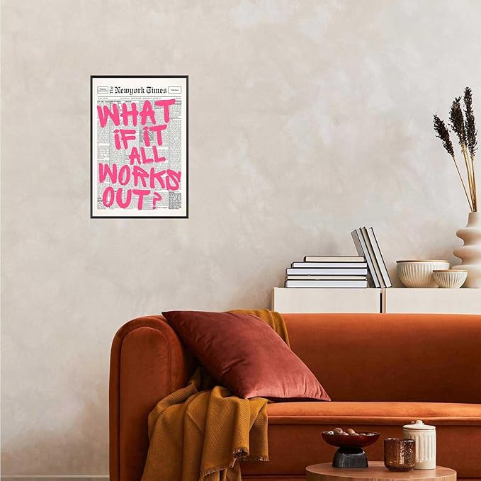Drimiler Retro Newspaper Pink Font Poster What If It All Works Out Canvas Wall Art Positive Affirming Quote Minimalist Prints Painting For Home Bedroom Dorm Wall Decor 8x12in Framed