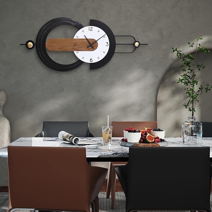 Modern Minimalist Wall Clocks,Black Metal & Wood Geometric Design Large Wall Clocks,Silent Non-Ticking Battery Operated,for Living Room Home Office Wall Art