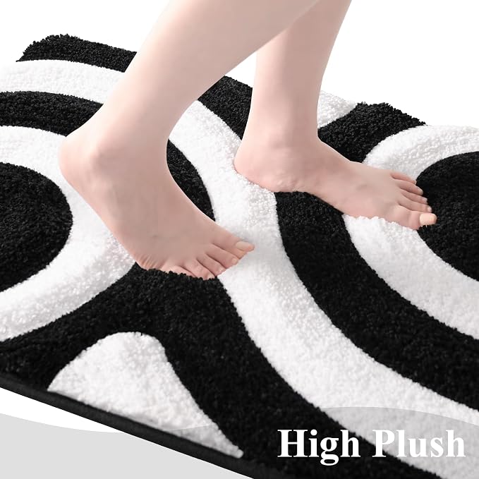 QJHOMO Black and White Cute Bathroom Rugs Non Slip Bath Mat Modern Aesthetic Bathroom Decor, Geometric Striped Bath Rug Fluffy Floor Mats, Thick Microfiber Carpet Machine Washable (20x32 inch)