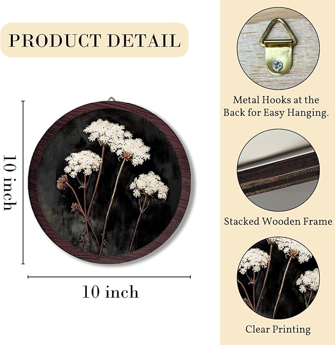 TFKFJLF Vintage White Flowers Wall Hanging Prints Frame, Dark Farmhouse Rustic Round Wooden Prints, Cottagecore Botanical Flower Wooden Walls for Home Bedroom Living Room Decor, 10x10 Inch