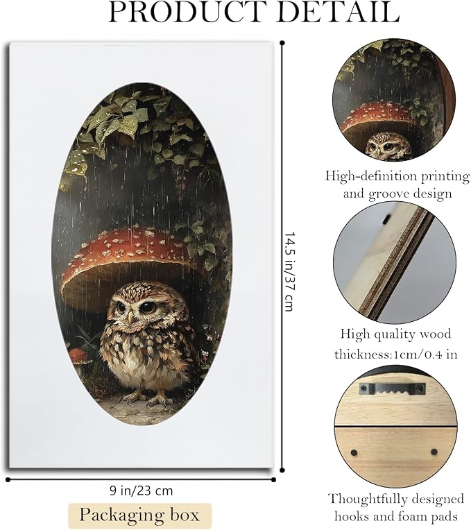 UYIKG Vintage Owl Wall Art Decor,Cute Owl Mushroom Oval Wall Decor,Rustic Cottagecore Animal Botanical Oval Wooden Framed Decorations for Nursery Kids Room Bedroom Living Room 9x14.6 in