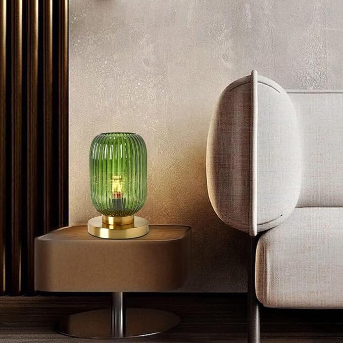 Glass Table Lamp of 2 Mid Century Table Lamps Modern Globe Table lamp Vintage Gold Desk Lamp Nightstand Lamp with Green Ribbed Design Shade for Bedside Bedroom Living Room Offic