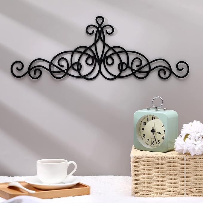 Zhengmy 15.7 x 5.5 Inch Rustic Metal Scroll Wall Art Decor Black Wrought Iron Wall Decor for Home Living Room Bedroom Doorway Over Bed/TV Long Narrow Hanging Ornaments