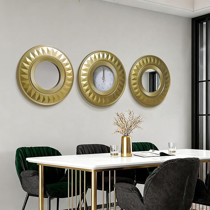 3 Pcs Gold Retro Sunburst Wall Decor Set, 9.8 Inch Round Clock & 2 Mirrors Wall Art, Vintage Sunburst Style Decor for Living Room Bedroom Bathroom, Lightweight & Easy to Install