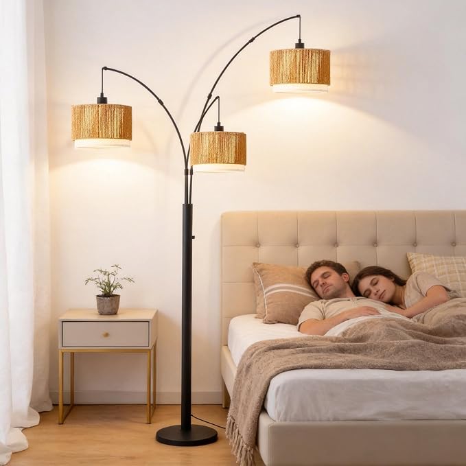 Boho Arc Floor Lamp for Living Room, Rattan Floor Lamp with Stepless Dimmable Switch, Farmhouse Standing Lamp with Wicker&Fabric Shade, Industrial Black Tall Lamp for Bedroom Over Couch Corner