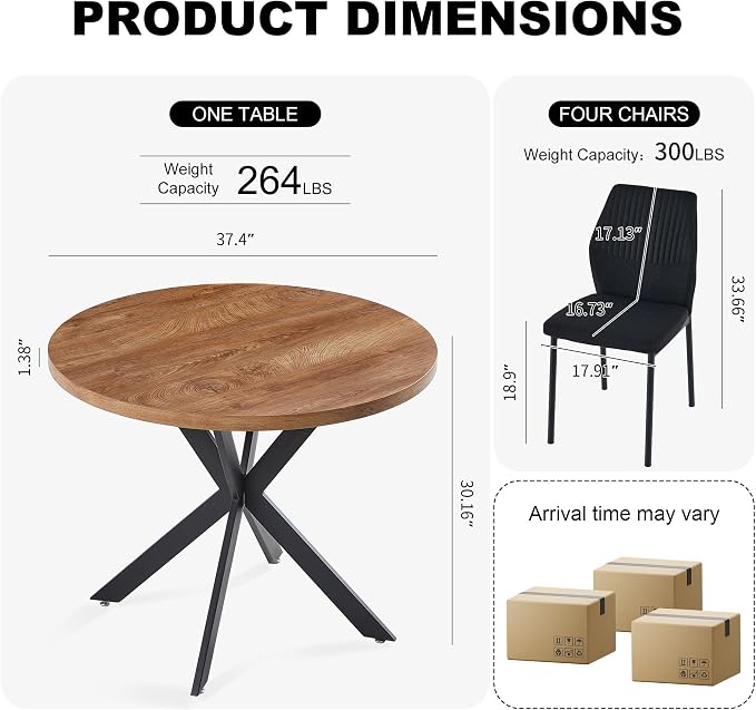 37" Round Dining Table Set for 4, Mid Century Modern Small Coffee Set for Dining Room Kitchen Apartment (Walnut Table + 4 Linen Fabric Black Chairs)