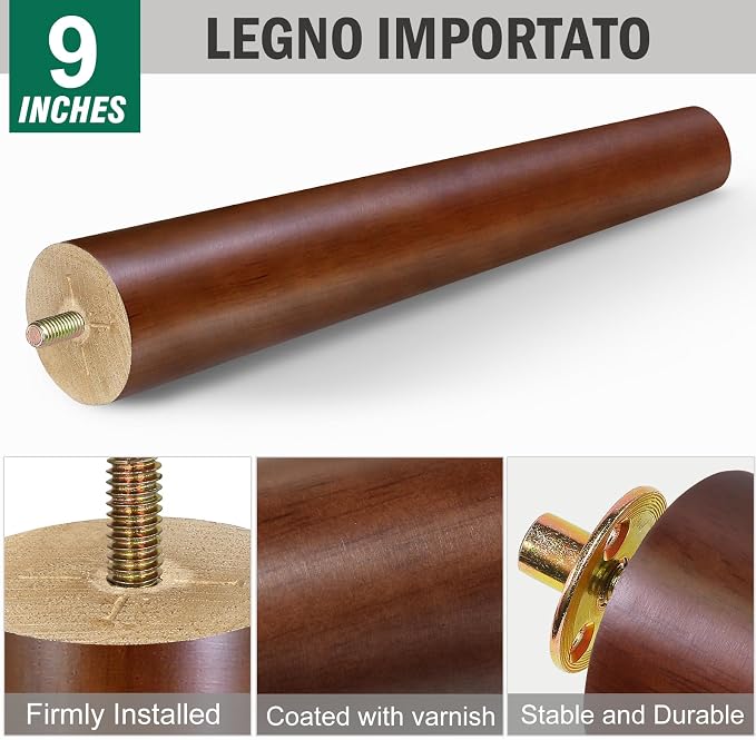 FoDau770 Brown Rubber Wood Furniture Legs 9 Inches, 5/16" UNC Straight Tapered Wood Feet Mid Century Sofa Legs, Wooden Furniture Feet Replacement Parts for Cabinet Couch Dresser Chair Ottoman Table