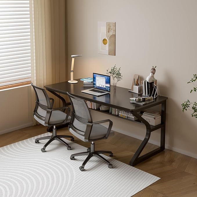 Extra Long Desk with Bookshelf - 55" Double Long Writing Table for 2-Person Workstation, Modern Study Work Computer Desk for Home and Office, Black
