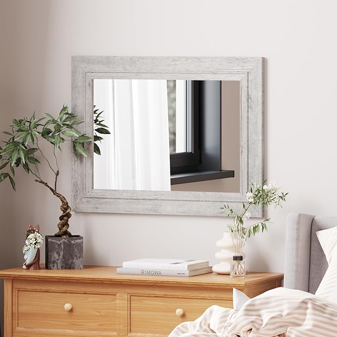Rustic Wall-Mounted Vanity Mirror, Solid Wood Frame Bathroom Mirror, Farmhouse Style for Living Room, Bedroom, Entryway, Horizontal/Vertical Hanging