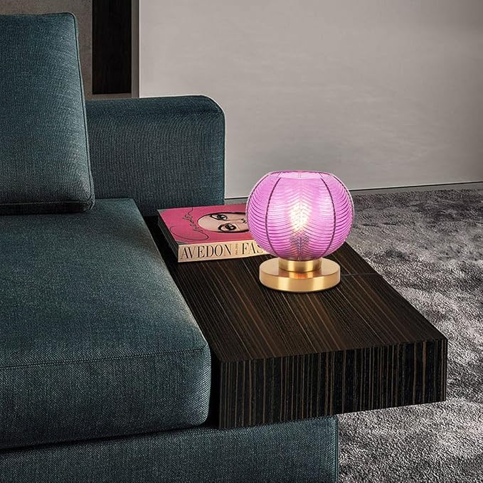 Gold Mid Century Modern Table Lamp with Purple Ribbed Glass Shade - Globe Desk Nightstand Lamp for Bedroom, Living Room, Office