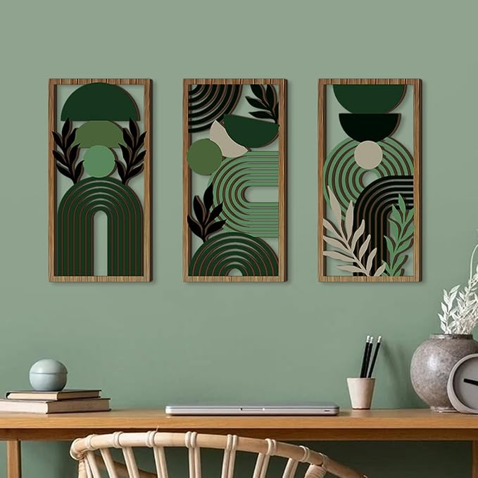 LB Modern Geometric Wall Art Set of 3, Boho Abstract Mid Century Wall Decor Wooden Framed, Green Striped Black Leaf Hanging Decoration for Living Room Bedroom Home Office, 11.8 x 5.9 inches