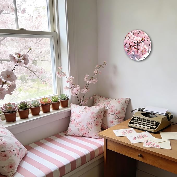 peacoblue Wall Clocks Battery Operated 12 Inch Cherry Blossom Glass Round Wall Clock Non Ticking for Kitchen Living Room Dining Room Bedroom and Bathroom Decor Accessories (Battery not Included)