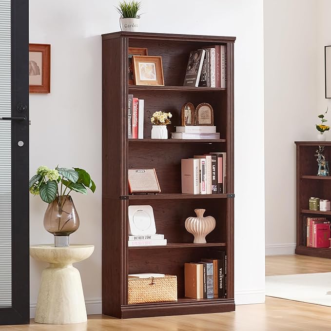 RWYHG 70" Walnut Tall Bookshelf Set of 3,5-Tier Thick Wooden Book Shelf with Adjustable Shelves,Free Standing Farmhouse Bookcase with Open Display Storage,Floor Vintage Bookshelves for Living Room