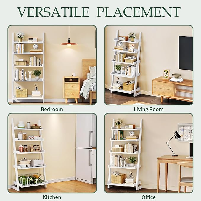 5-Tier Wooden White Ladder Shelf - Solid Wood Leaning Ladder Bookshelf Shelves Bookcase for Saving Space, 55" H Book Shelf for Living Room & Bedroom & Home Office