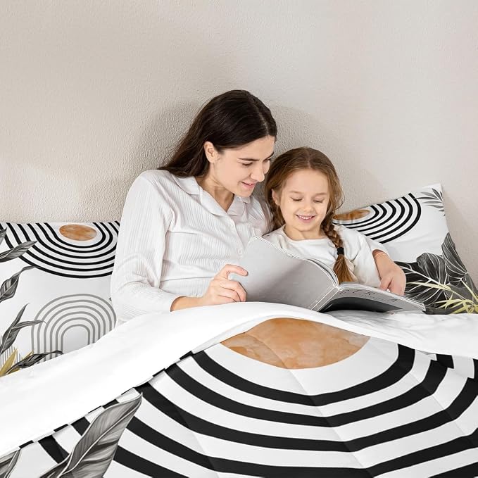 Erosebridal Modern Boho Comforter Grey White Aesthetic Twin Bedding Set Abstract Mid Century Bedding for Kids Teens Simple Tropical Palm Leaf Duvet Insert 2Pcs Room Decor