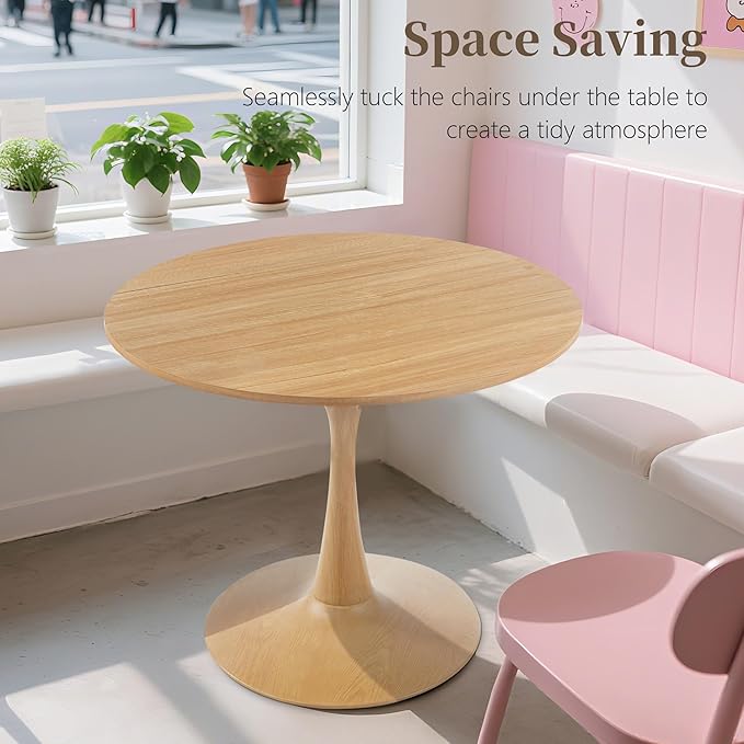 31.5 Inch Round Dining Table,Mid-Century Tulip Table with Metal Pedestal Base,Modern Leisure Table for Small Space Kitchen Dining Room,Easy Assembly,Natural