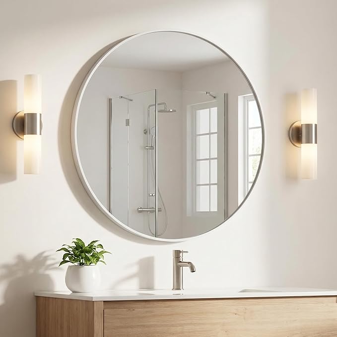 HARRITPURE Round Mirror 24" White Wall Mounted Circle Mirrors Vanity Mirror with Brushed Aluminum Alloy Frame Modern Decoration for Bathroom, Living Room, Vanity, Bedroom, Entryway