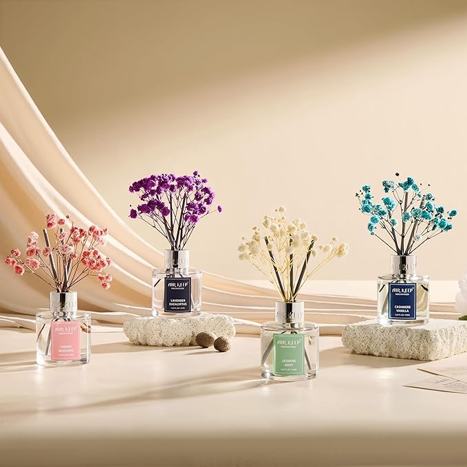 Airkeep Reed Diffuser Set,1.69 fl oz (50 ml) - Jasmine Mint Oil Diffusers with 8 Reed Sticks,Home Fragrance Reed Diffuser for Bathroom Shelf Decor