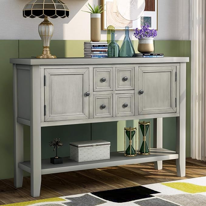 Merax Console Table with Storage Drawers, Rustic Storage Cabinet Entryway Table for Living Room, Antique Grey