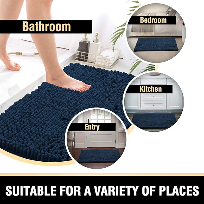 H.VERSAILTEX Bathroom Rugs Bath Mat Bath Rugs Bath Mats for Bathroom Non Slip Extra Thick Buncy Soft Chenille Bath Rug Fulffy Shag, Indoor Rug Carpet for Entry Living Room (Navy, 20" x 32")
