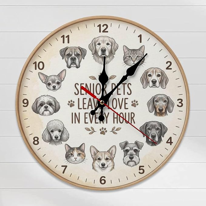 Senior Pets Leave Love Art Wooden Wall Clock Silent Non-Ticking Quartz Mechanism | Animal Breeds Home Decor for Kitchen Office Gift, Battery Operated 10 & 12 Inch Frameless