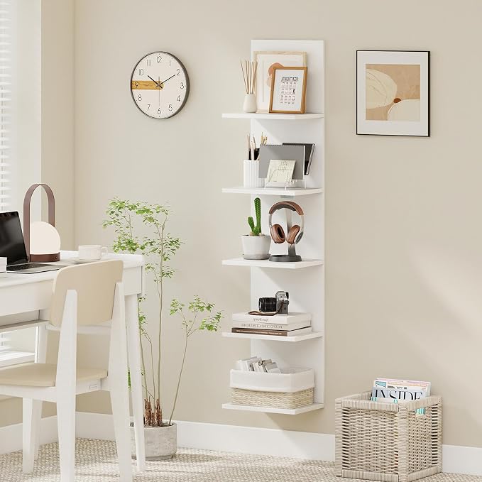 Giantex 5 Tier Wall Shelf Unit Set of 2, Narrow Vertical Floating Shelves for Home Decoration and Storage Organizer, Lack Wall Shelf, Wall Mounted Display Shelves for Bedroom, Living Room, White