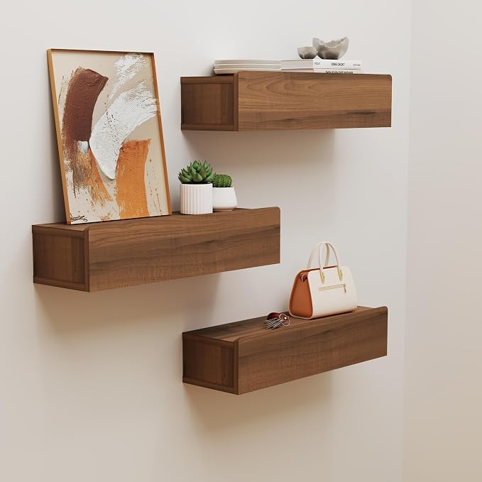 Floating Solid Wood Console Table, 71'' Wall Mounted Narrow Entryway Table with Storage Shelf, Modern Couch Shelves Small Entry Way Tables for Entryway, Front Hall, Hallway (Walnut, 70.86IN)