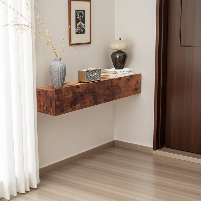 Floating Solid Wood Console Table, 32'' Wall Mounted Narrow Entryway Table with Storage Shelf, Modern Couch Shelves Small Entry Way Tables for Entryway, Front Hall, Hallway (Rustic Brown)