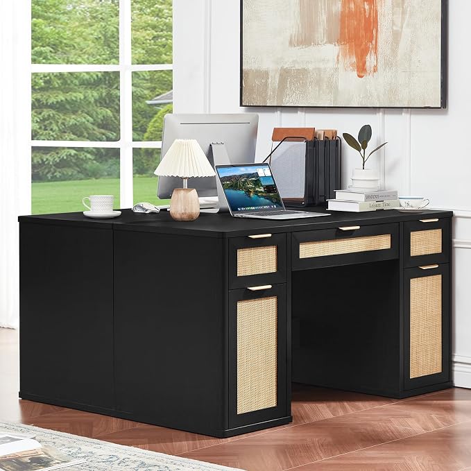 LEYAOYAO Office Desk 56" with 5 Drawers Storage File Cabinet Rattan Wood Desk for Computer Office Bedroom Home Furniture Black