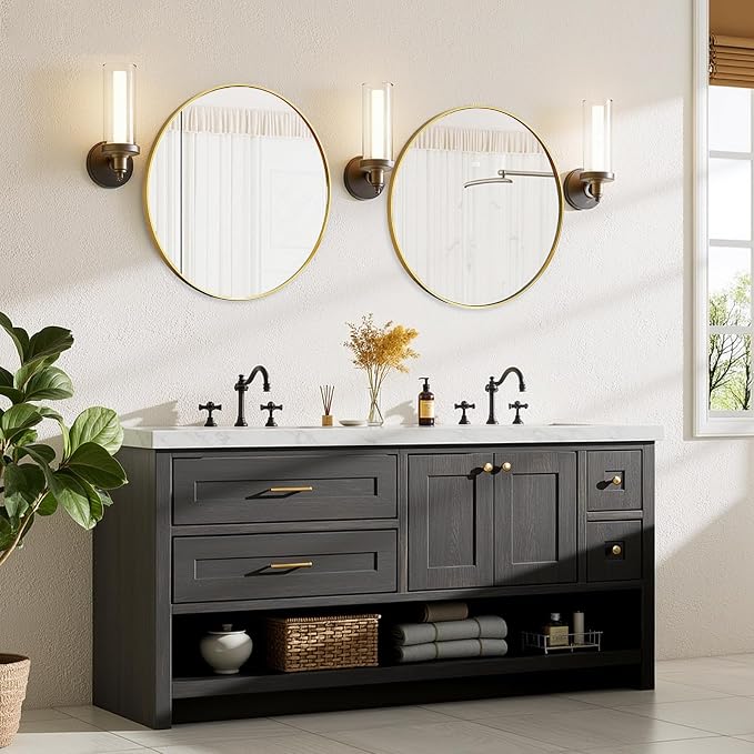 24 Inch Round Bathroom Mirror for Wall, Matte Gold Metal Framed | Circle Vanity Mirror for Bathroom Bedroom Living Room Entryway, Anti-Rust, Tempered Glass, Hanging or Leaning