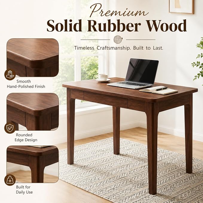 Mid Century Modern Desk with Drawers,31.5 inch Solid Wood Writing Desk for Home Office Bedroom,Small Computer Desk for Spaces Easy Assembly Walnut