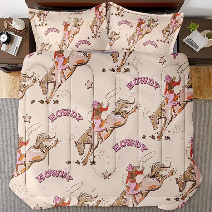 Cowgirl Cowboy Queen Comforter Set, Desert Western Cactus Bedding Set 3 Piece, All Season Soft Toddlers Children Adults Bedroom Bed Decoration Comforter and 2 Pillow Shams