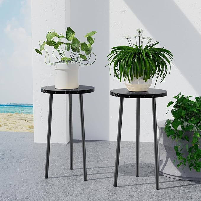 Plant Stand Indoor 2 Pack: Corner Wood 20 Inch Plant Stand Mid Century Modern Decor - Small Round Plant Table for Indoor Plants - Plant Holder for Patio Living Room Bathroom Office (Black Marble)