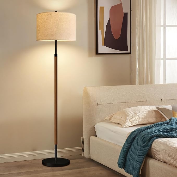 ILLMTW Wood Floor Lamp for Living Room,Bedroom,Vintage Mid Century Modern Standing Lamp with Remote Dimmable,Boho Black Tall Lamp Fabric Lamp Shade Floor Lights Bohemian Tiffany Style