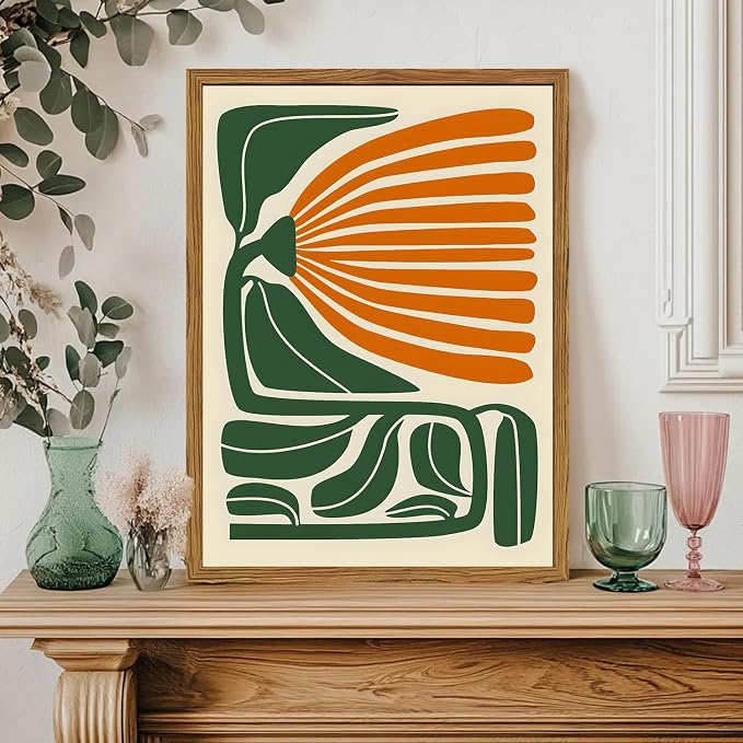 Framed Boho Floral Wall Art, Mid Century Modern Flower Canvas Wall Decor Pictures, Green and Orange Abstract Botanical Paintings Poster Prints Eclectic Home Decor for Living Room Bedroom 16x24 inch