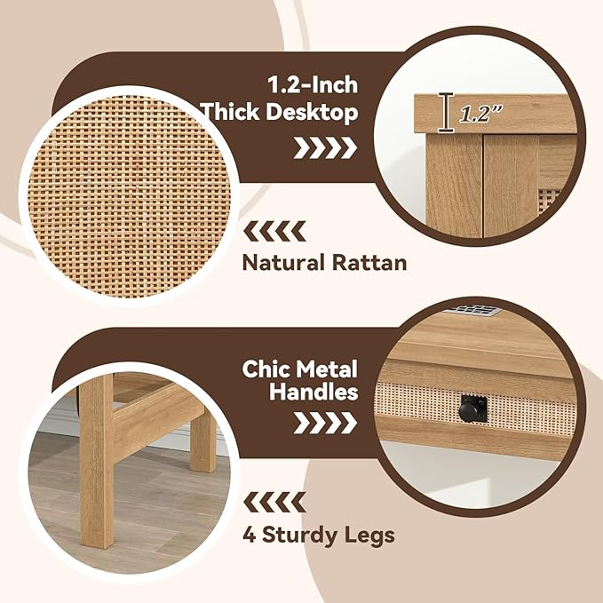 YOMILUVE Rattan Computer Desk with 2 Drawers, 39 Inch Small Desk with Power Outlets, Farmhouse Boho Vanity Desks, Compact Writing Study Table for Small Spaces, Oak
