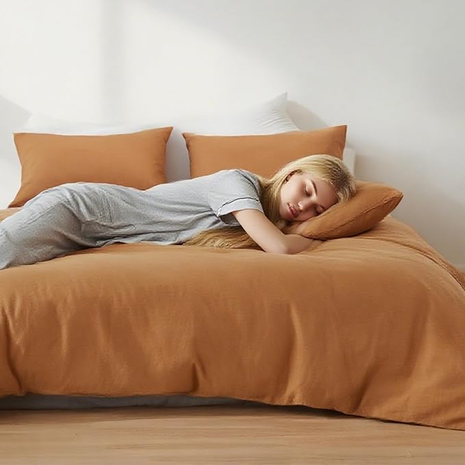 FALUCA French Linen Blend Duvet Cover Set 3Pcs King (104"x92") - Soft, Breathable, Cooling Farmhouse Bedding for Hot Sleeper (King, Burnt Orange/Rust)