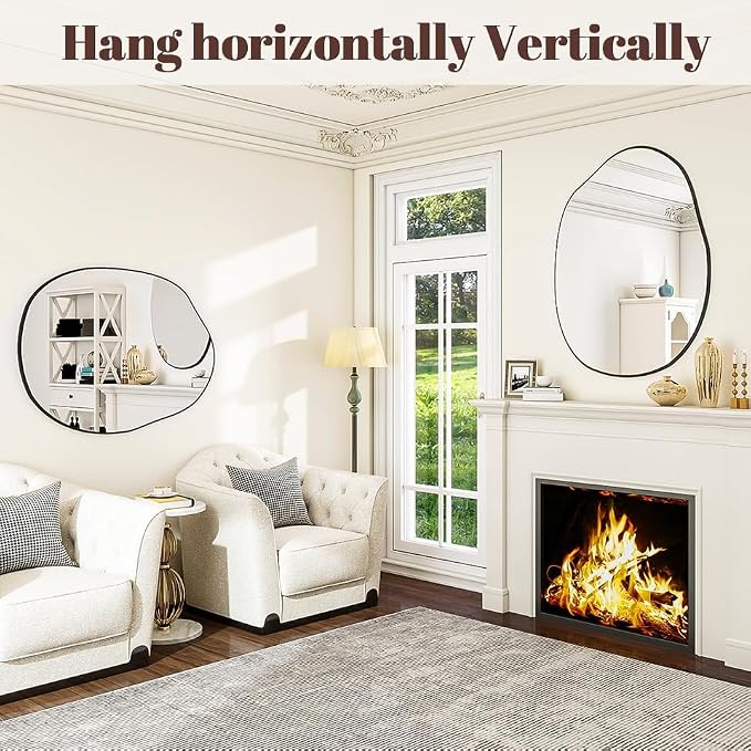 BEAUTYPEAK Asymmetrical Mirror, 26 x 40 Inches Irregular Wall Mirror, Wood Frame Unique Shape Wall Mounte, Decorative for Living Room Bedroom Entryway Hallway