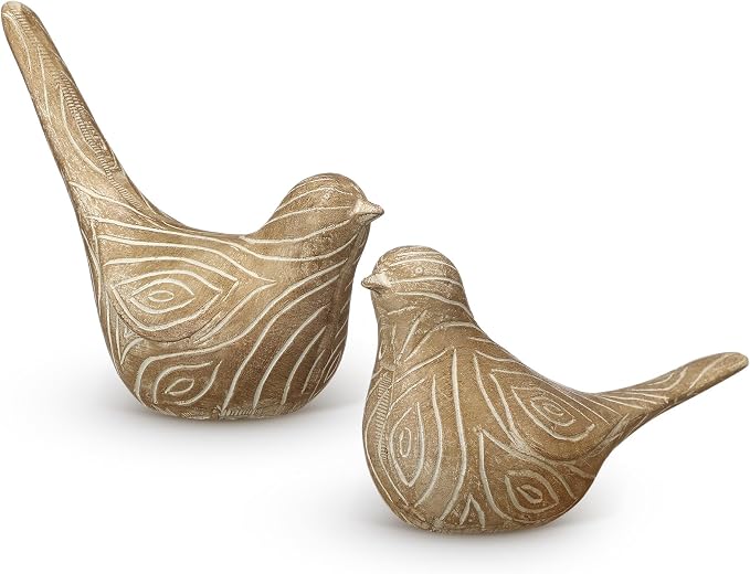 Lewtemi 2 Set Large Bird Figurines Home Decor 4.5'' 6.1'' Resin Birds Statue Modern Wood Look Bird Figurines Animal Decor Sculptures for Living Room, Home, Office, Women