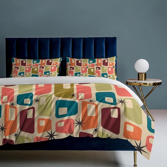 Modern Mid Century Duvet Cover Queen Retro Atomic Bedding Set, Rainbow Grid Comforter Cover Vintage Fifties 1950s Bed Set,Abstract Art Bedding 3 Piece (1 Duvet Cover 102"x90" + 2 Pillow Sham 20"x30")